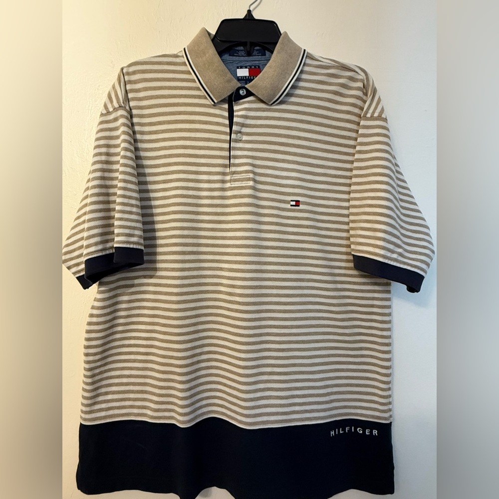 Tommy Hilfiger Men's Polo Shirt - Beige and Black Stripes